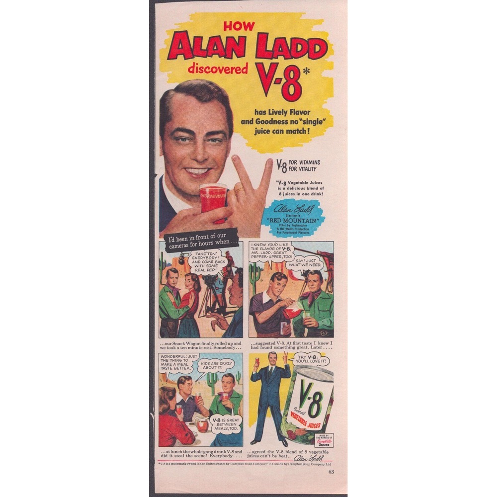 Vintage V-8 Juice Alan Ladd Magazine Print Ad Comic Strip Style 1950s VG